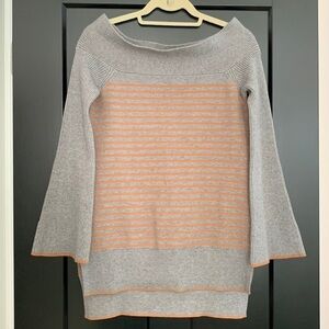 Anthropologie Boat Neck, Gray Sweater w/Orange Stripes. Bell Sleeves. Size XS